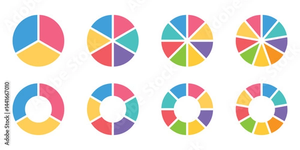 Obraz Pie charts diagrams. Different color circles. donut and pie chart infographic elements set. Colorful diagram collection with. Circle icons for infographic use. Vector illustration. EPS 10