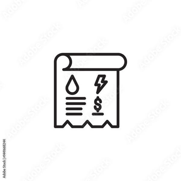 Fototapeta Utility bill icon. A receipt shows symbols for water (drop), electricity (lightning bolt), and cost (dollar sign), representing combined utility expenses.