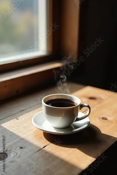 Fototapeta Aromatic Steam Rising From a Cup of Coffee on a Sunlit Wooden Surface Near a Window