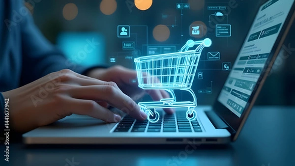 Obraz Hands Typing with Holographic Online Shopping Cart and Payment Confirmation