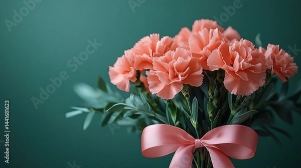 Fototapeta Bouquet of pink carnations with elegant ribbon on deep green background, symbolizing Mother's Day love in soft focus highlighting delicate petals and vibrant colors