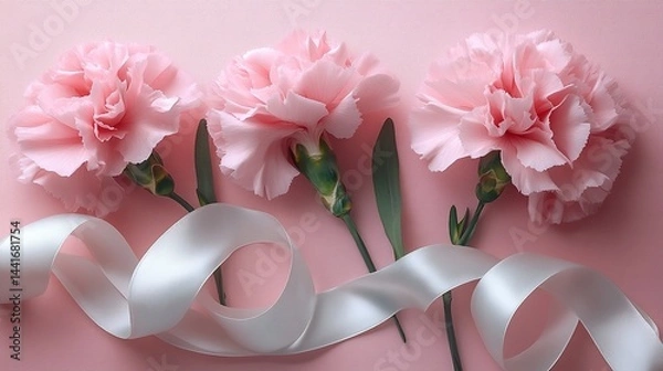 Fototapeta 3D rendered pink carnations with white ribbon on pastel background, minimalist top view featuring studio lighting and ultra-detailed floral textures in isolated composition