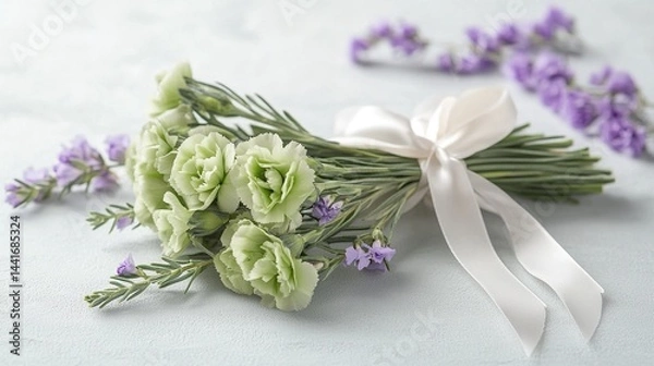 Fototapeta Green carnations and lavender bouquet with white ribbon on pastel background, elegant floral arrangement in soft tones with detailed close-up view for spring decor or gift presentation.