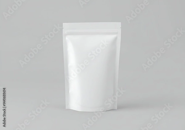 Fototapeta A minimalist image presents a single white pouch bag with a clear zip lock, standing upright on a light grey seamless surface with a gentle shadow