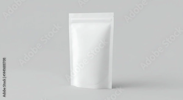Fototapeta With a focus on packaging design, a blank white stand-up pouch with a clear zip lock is isolated on a light grey background, showing its form