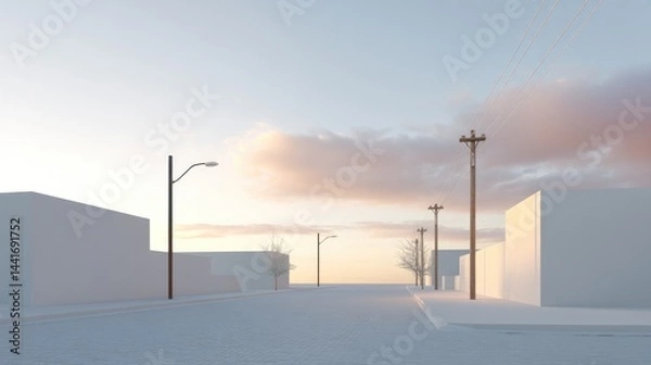 Obraz minimalist 3d rendered street scene depicting quiet life of small neighborhood at dusk empty streets and clean pavements
