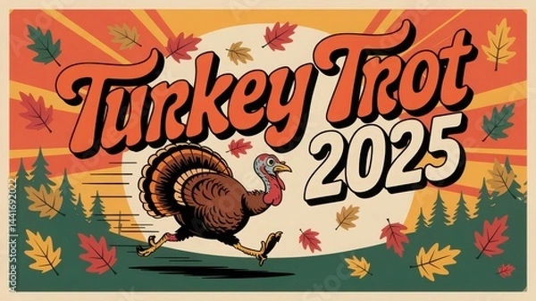 Fototapeta Vintage Turkey Trot 2025 Poster with Colorful Autumn Leaves and Running Turkey Design