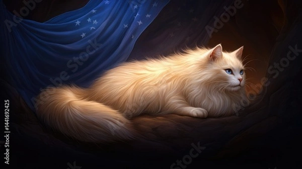 Fototapeta Elegant fluffy cat resting gracefully in tranquil cave with soft light and mesmerizing blue backdrop
