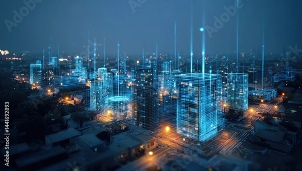 Fototapeta A futuristic cityscape at night with illuminated digital overlays highlighting smart buildings and technology integration.