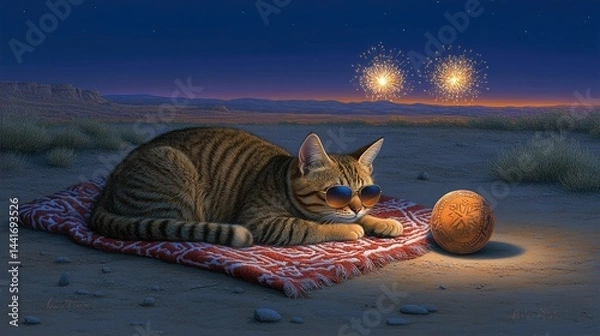 Fototapeta Cat with Sunglasses Relaxing on Rug Under Fireworks in Desert Landscape at Twilight