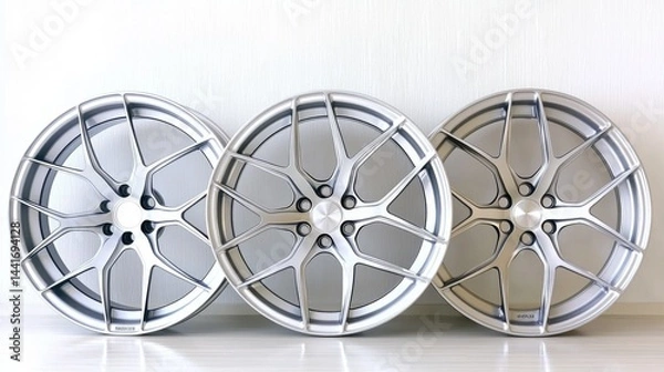Fototapeta Three Stylish Alloy Wheels Displayed in a Row on a Light Background