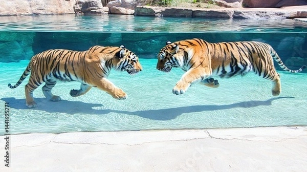 Fototapeta Two Majestic Tigers Playfully Swimming Underwater in Clear Scenic Pool at a Zoo