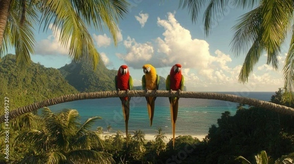 Fototapeta Vibrant Macaws Perched on a Branch Overlooking Tropical Beach and Lush Green Mountains