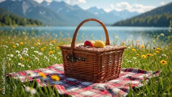 Obraz picnic basket with apples and flowers, picnic basket in the park