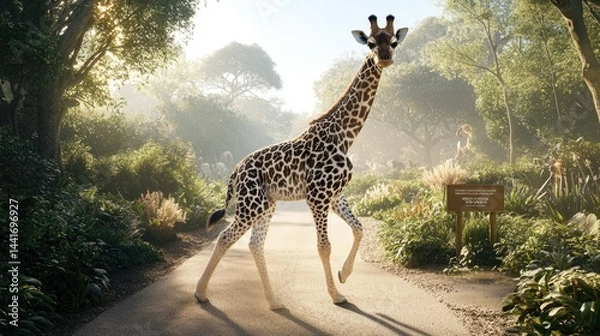 Fototapeta Majestic Giraffe Walking Through Lush Greenery in a Serene Natural Environment