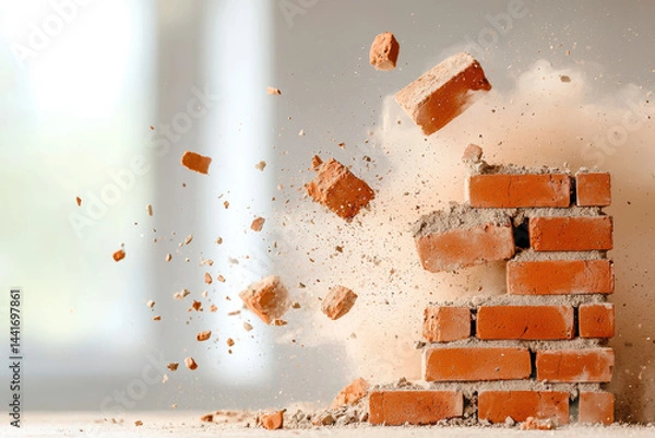Obraz Artistic depiction of collapsing wall with bricks and dust flying
