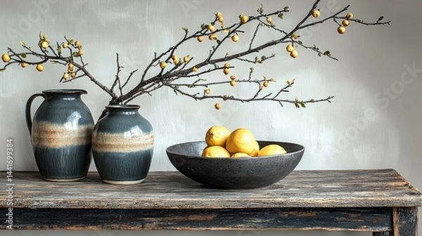 Obraz Two ceramic jugs and a metal bowl on a weathered wooden table. A few yellow lemons are placed beside the bowl, and a vase with dried branches is positioned behind the jugs. The background is a soft.
