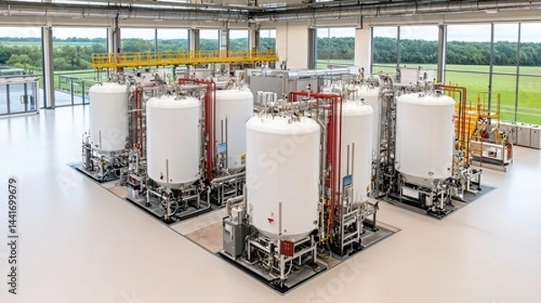Fototapeta Industrial Facility Featuring Large Storage Tanks with Modern Pipeline Infrastructure
