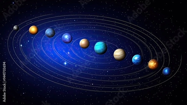 Fototapeta Solar System Planets with Orbits in Deep Space on Dark Background with Stars and Galaxies