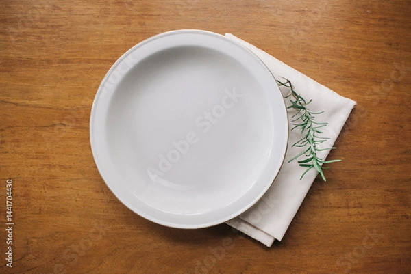 Obraz empty plate with herbs and napkin on wooden table