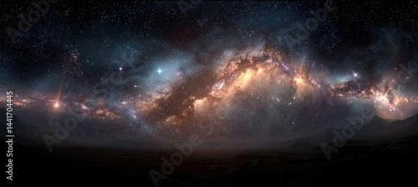 Obraz A dazzling view of the Milky Way galaxy stretches across a dark, clear night sky above a quiet landscape.