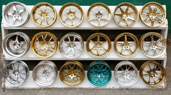 Fototapeta Display of Stylish Alloy Wheels in Various Colors and Designs on a White Wooden Shelf