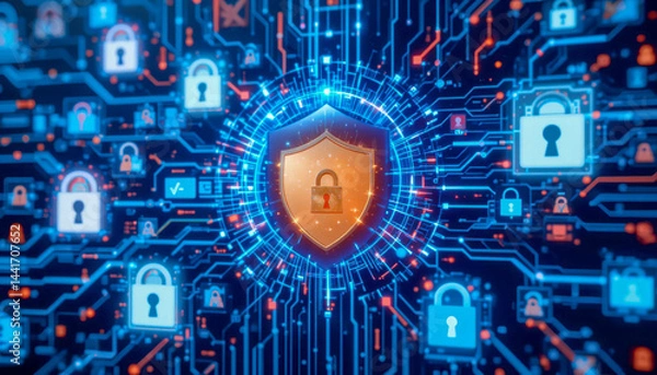 Obraz A glowing shield icon, symbolizing cybersecurity, sits at the center of a digital circuit board. Numerous lock icons surround it, representing robust data protection across the network.
