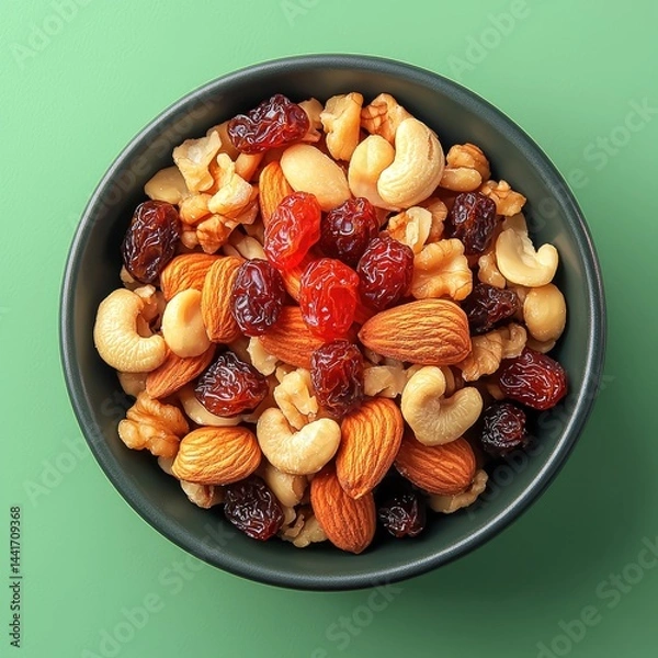 Obraz A oatmeal, almonds, cashew nuts, and red raisins. on green background.