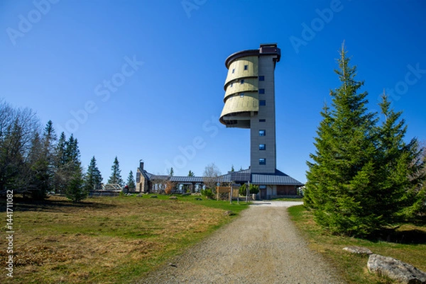 Fototapeta Polednik View Tower, Sumava (1315m). 37m ex-military tower near Prasily. 227 steps up for views: Bohemian/Bavarian Forest, and Alps in good visibility - Czech Republic, Europe