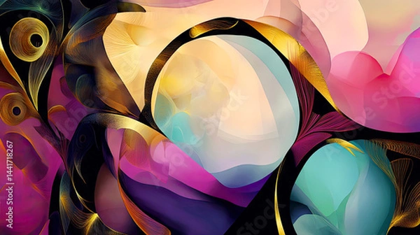 Obraz Abstract art featuring flowing shapes and lines in tones of gold, blue, red and pink