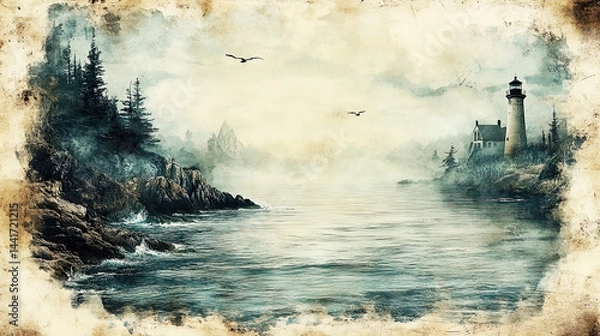 Obraz Painted landscape scene featuring a lighthouse on a rocky coastline