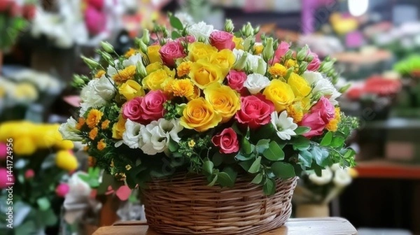 Fototapeta Flower Arrangements. Colorful Bouquet Display at Local Market Before Mother's Day and 8th of March