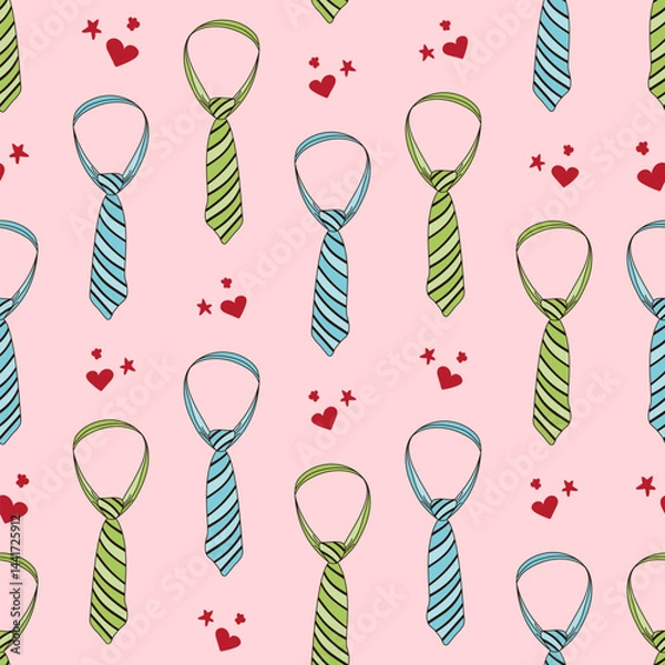 Fototapeta Seamless pattern with hand drawn doodle necktie, neckcloth, star and heart shapes. Stripe pattern tie colorful seamless pattern