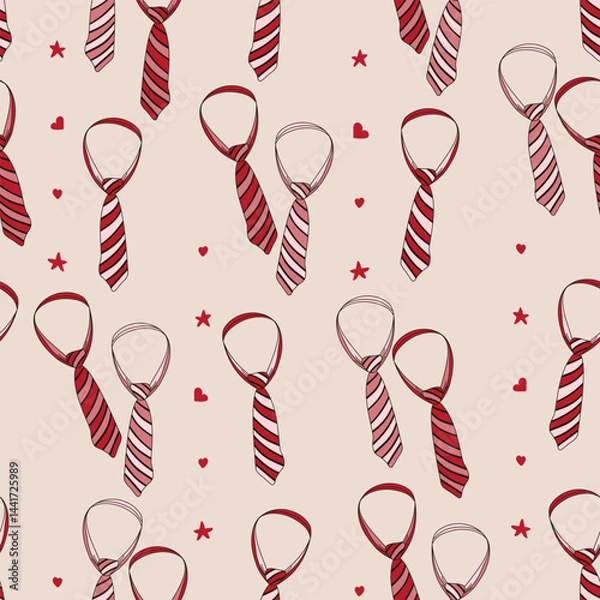 Fototapeta Seamless pattern with hand drawn doodle necktie, neckcloth, star and heart shapes. Stripe pattern tie seamless pattern.