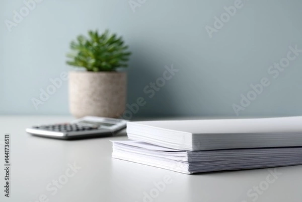 Obraz minimalistic image of tidy workspace with organized financial documents and calculator on sleek desk