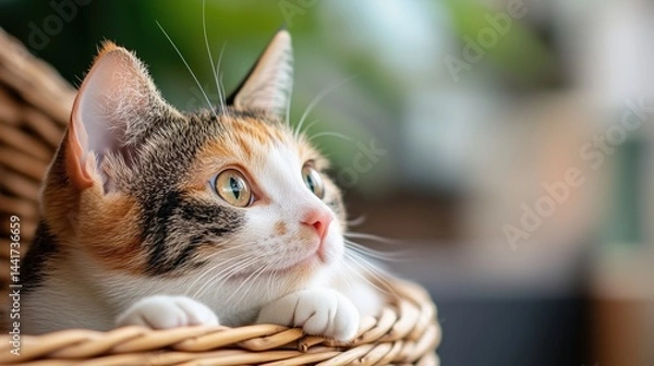 Fototapeta Cute calico cat resting comfortably in a woven basket during a sunny afternoon indoors