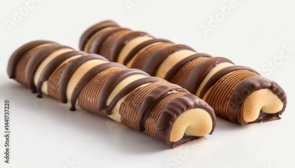 Fototapeta Two cream-filled chocolate wafer sticks coated in milk and white chocolate with a smooth and textured surface on a clean white background