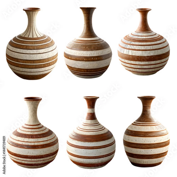 Fototapeta Set of six beautiful clay vase or pot isolated on a transparent PNG background. 