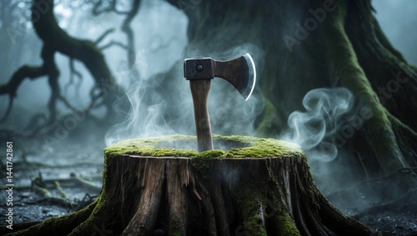 Fototapeta A rusted, worn axe head lodged deep in the center of a moss-covered, ancient tree stump casting an eerie mist that suggests a sense of foreboding, fear or an overwhelming sense of danger or threat