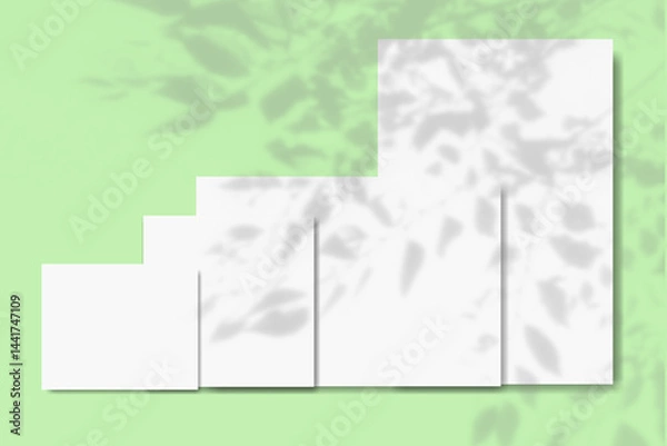 Fototapeta Natural lighting casts shadows from the leaves and branches of a tree on several horizontal and vertical sheets of white textured paper against a background of a green wall. Mockup