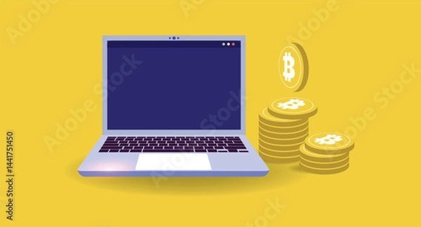 Fototapeta Flat-style illustration showing a laptop screen with charts and digital cryptocurrency coins like Bitcoin and Ethereum, symbolizing online trading, blockchain, and digital finance.