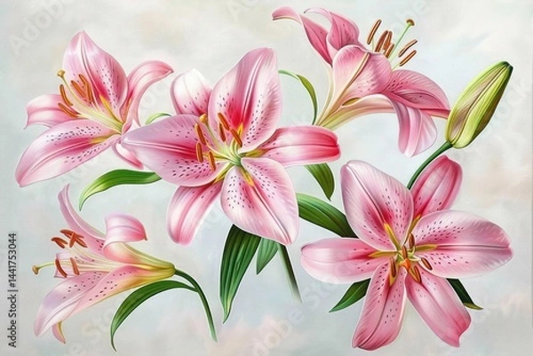 Fototapeta Beautiful cluster of blooming pink lilies with green leaves and unopened buds against a light soft background, evoking elegance and natural freshness