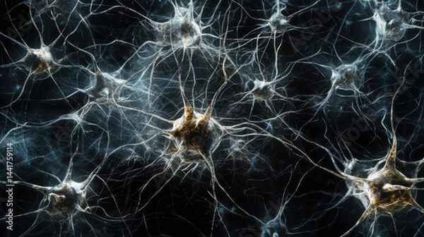 Obraz In a symphony of interconnected nodes, neurons, the fundamental building blocks of the brain, meticulously connect, forming intricate networks that transmit information, shaping the mind's intricate 