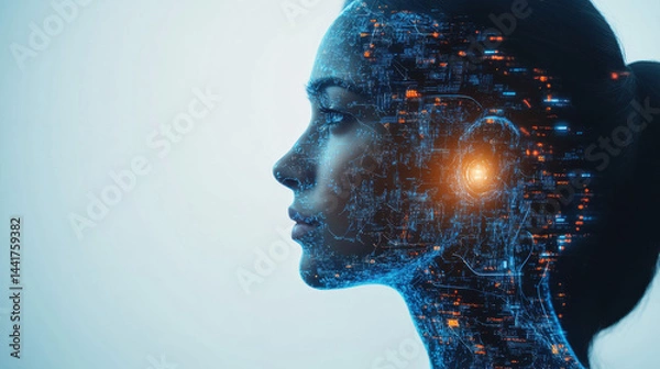 Fototapeta In the digital realm, where innovation converges, a cloud-managed network hums with data, powered by AI and firewall security, safeguarding against cyber threats. AI art, a creative force born 