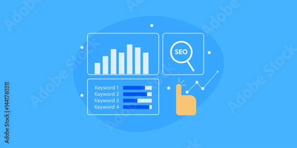 Fototapeta Hand interacts with virtual SEO and marketing analytics interface, ai technology.