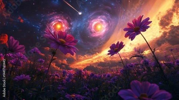 Fototapeta Fantasy Flower Meadow Under Colorful Galaxy Sky 