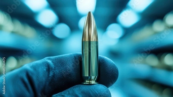 Fototapeta Close-Up View of a Single Bullet in a Gloved Hand in a Modern Ammunition Storage Facility