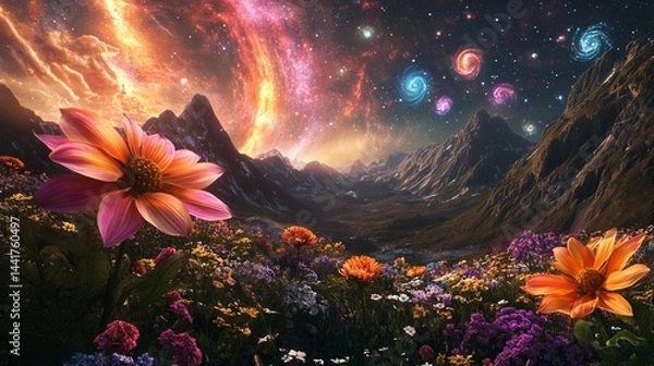 Fototapeta Fantasy Flower Meadow Under Colorful Galaxy Sky and Mountains