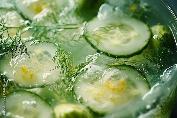 Fototapeta Cucumber Slices with Fresh Dill and Bubbles Floating in Refreshing Water Detail