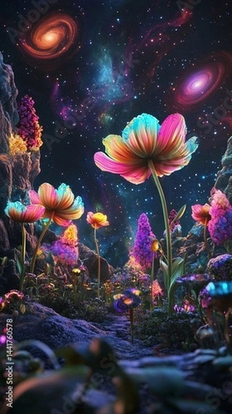 Fototapeta Fantasy Flower Meadow Under Colorful Galaxy Sky 